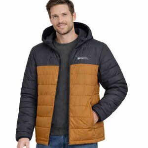 Mountain Warehouse Men’s Puffer Jacket M Black Brown Hooded Water Resistant Coat